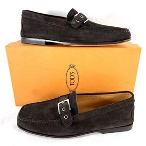 Tod's Dark Brown Suede Buckle Slip-On Loafers